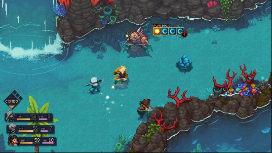 Best retro games - a screenshot from Sea of Stars, where the protagonists are fighting against monsters in a river.