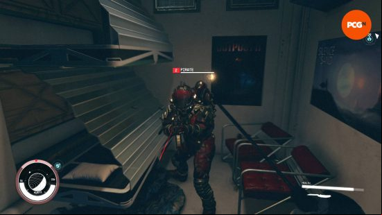 A first person view of the player character approaching a pirate in full red armor with a knife that takes full advantage of the best Starfield builds for melee weapon s.
