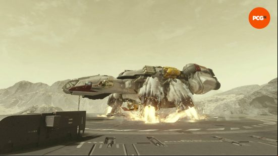 A spaceship lifting off that has increased mobility thanks to the best Starfield build.