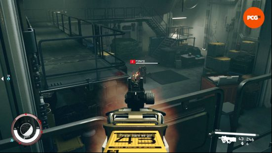 One of the best Starfield builds is the ranged one that gives you medium range combat advantages, such as firing at the pirate below the player as shown here.