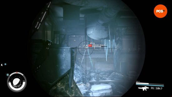 A sniper is aiming down the sights at a Va'Ruun Zealot at the other end of a frozen dilapidated room, while using the best Starfield builds for a sniper.