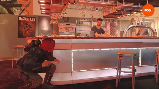 The player is hiding behind the diner counter as the owner stares straight at her. She clearly does not have the best Starfield builds focusing on stealth.