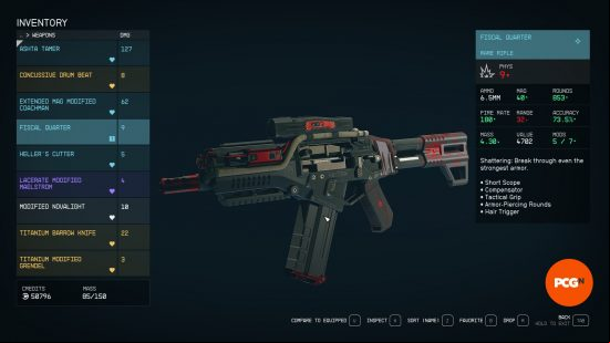 The Fiscal Quarter, one of the best Starfield guns, as it appears in your inventory in-game. 