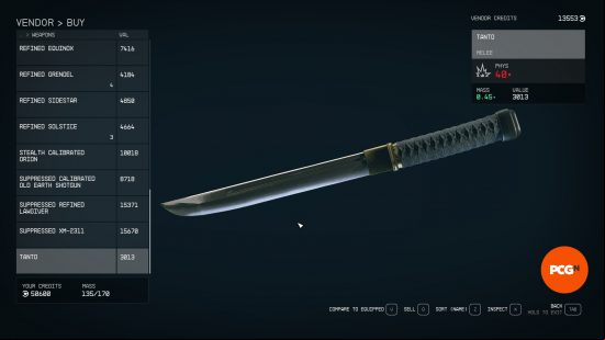 The Tanto melee weapon, one of the best Starfield weapons available.