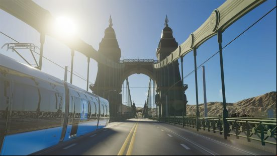 Cities Skylines 2 DLC: a street-level view of a suspension bridge.
