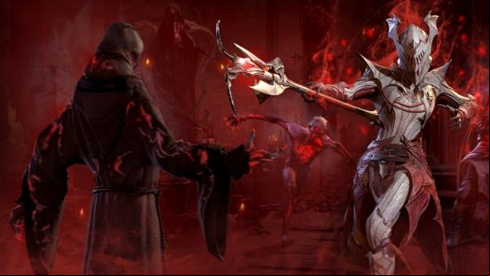 A figure in white armor points a staff at a cloaked vampire in D4 Season of Blood.