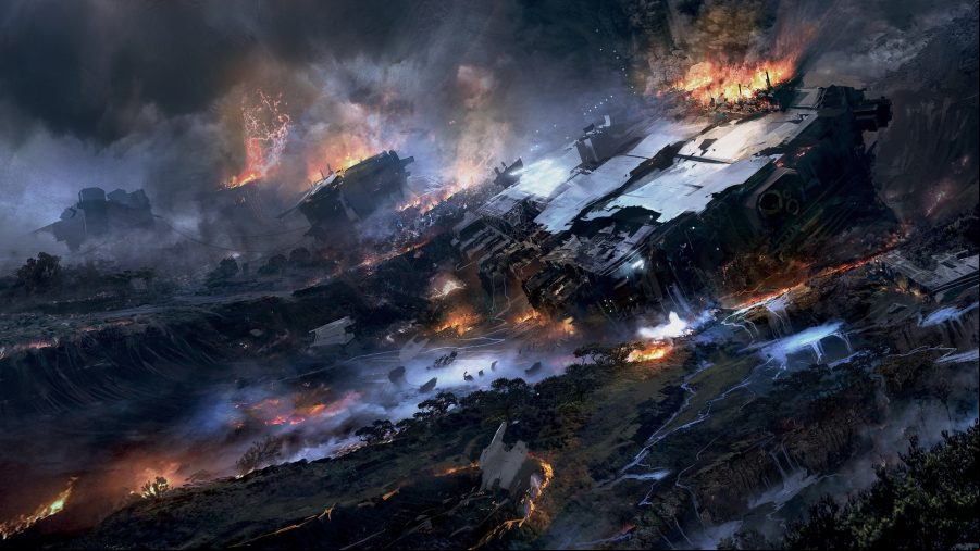 Eve Vanguard - A crashed, broken ship cracks into crumbling ground.