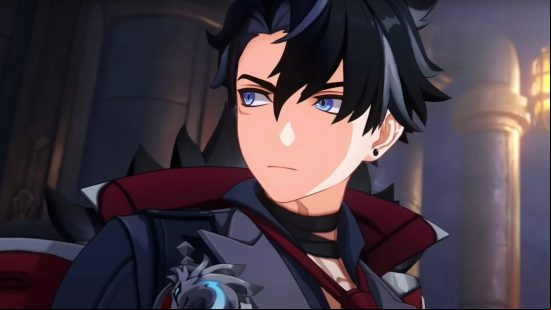 Best Genshin Impact Wriothesley build: Wriothesley glances curiously overh is shoulder, his hair falling over his face.