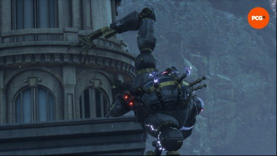 Lies of P review: A huge robot that looks like a policeman with an upside-down head with glowing red eyes clings to a building with sparks flying across its body