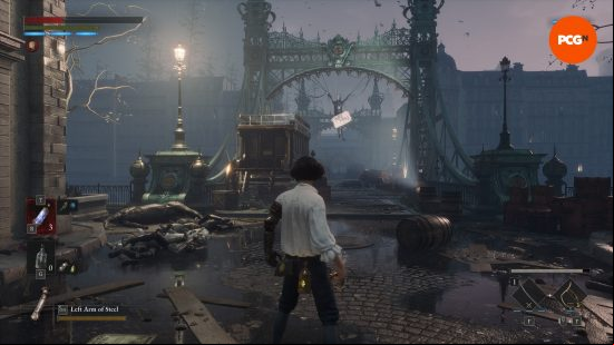 A young black haired biy stands on an old Victorian-style bridge wearing a white shirt with a metal arm holding a sword