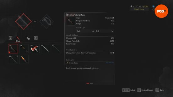 An in-game menu screen from Lies of P showing different weapon parts that can be fused together