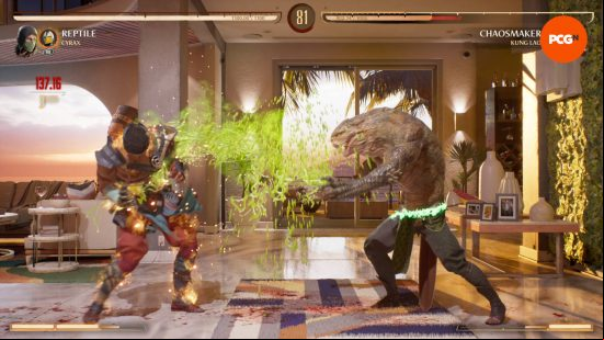 MK1 invasion mode: Cyrax and Kung Lao fight and green acid is sprayed across the map