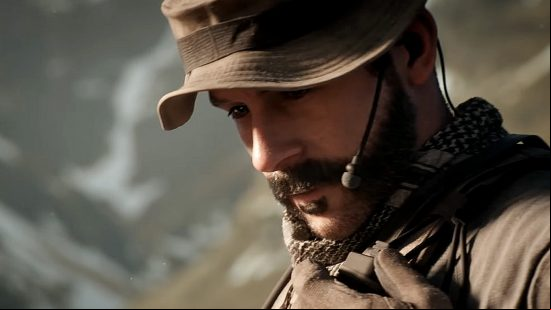 Captain Price, played by Barry Sloane in the Modern Warfare 3 cast, wears his iconic hat and bears his classic facial hair as he delivers bad news into a headset.