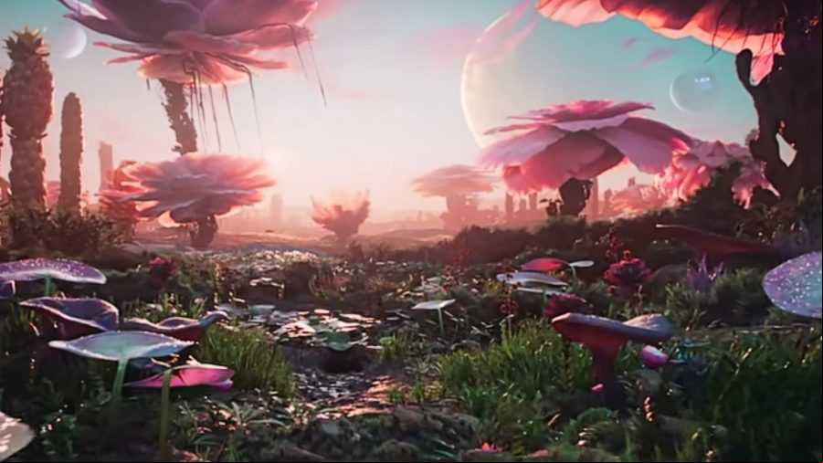 A beautoful, serene, and fantastical landscape from The Outer Worlds 2.
