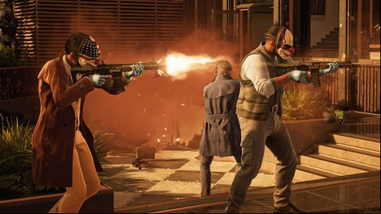 Payday 3 error codes: a group of bank thieves firing their weapons.