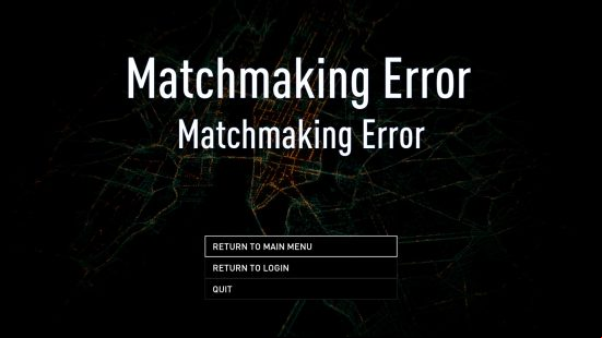 The words "Matchmaking error" appear over a dark, top-down image of the bright lights of a city in Payday 3.