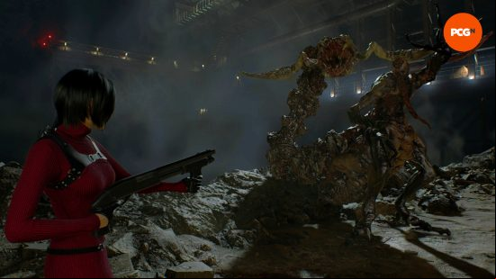 Resident Evil 4 Remake Separate Ways - Ada Wong fights the transformed creature known simply as 'It' in a cave.