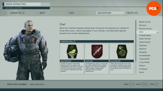 Starfield backgrounds: a menu screen showing the skills associated with the background bounty chef.