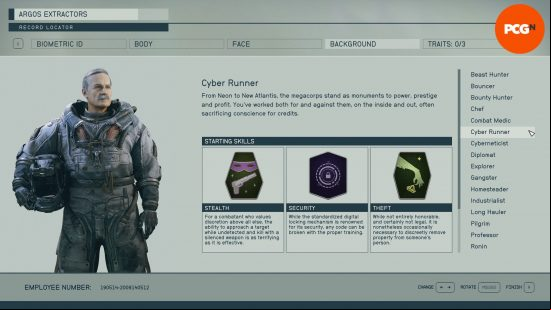 Starfield backgrounds: a menu screen showing the skills associated with the background cyber runner.