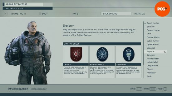 Starfield backgrounds: a menu screen showing the skills associated with the background explorer.