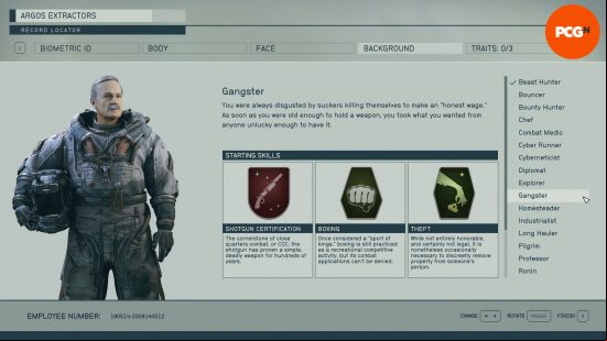 Starfield backgrounds: a menu screen showing the skills associated with the background gangster.