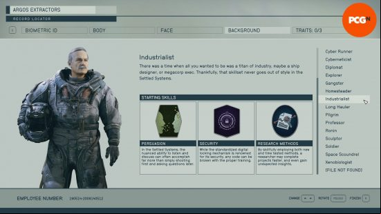 Starfield backgrounds: a menu screen showing the skills associated with the background industrialist.