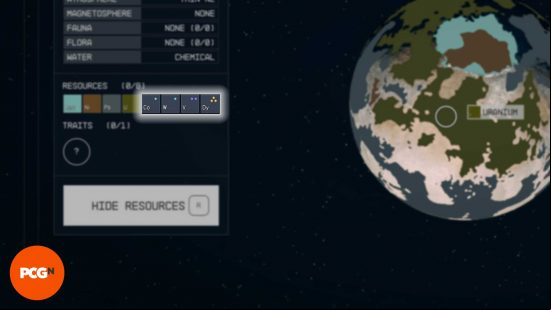 A modified screenshot highlighting how to spot rare Starfield materials from the map.