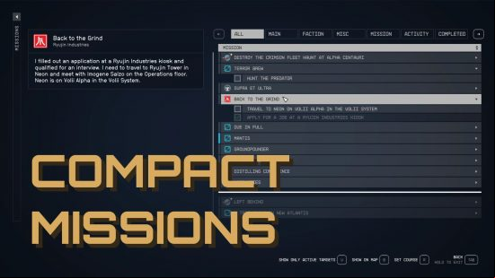 The compact missions UI Starfield mods will lower the opacity of completed missions as well as making more viewable on one page