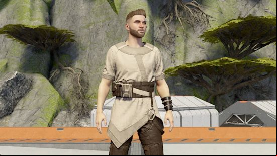 A man dressed like a Jedi master by using one of the Starfield mods to retexture some armor.