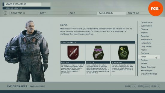 Starfield backgrounds: a menu screen showing the skills associated with the background ronin.