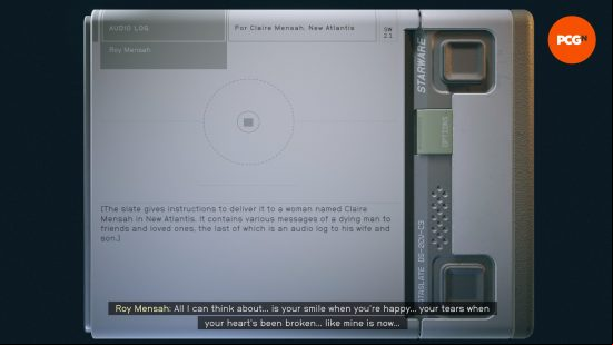 A screenshot of the Roy Mensah audio log, featuring the subtitle "All I can think about... is your smile when you're happy... your tears when your heart's been broken... like mine is now..."