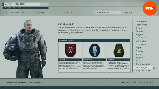 Starfield backgrounds: a menu screen showing the skills associated with the background xenobiologist.
