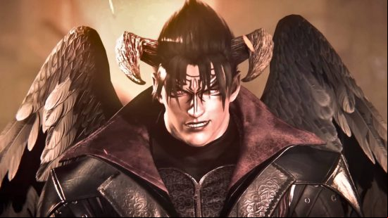 Devil Jin is one of the more divisive characters in the Tekken 8 roster. Here he's wearing a leather jacket, has huge horns, and lots of gothic makeup.