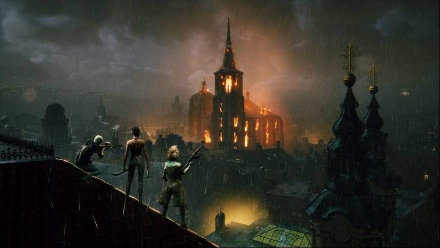 Vampire The Masquerade Bloodhunt: A group of three stand on a building with weapons looking out at a burning church in a darkened city