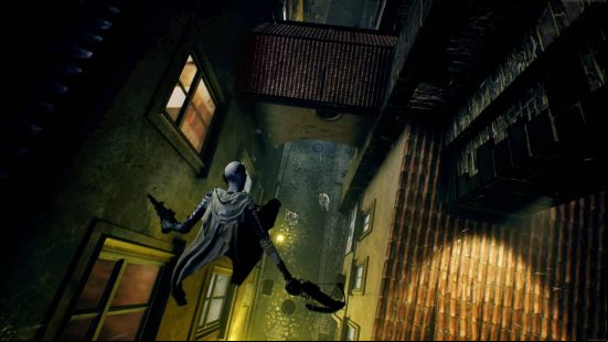 A bald vampire wearing a dirty, tattered cloak leaps down from between two buildings holding dual pistols