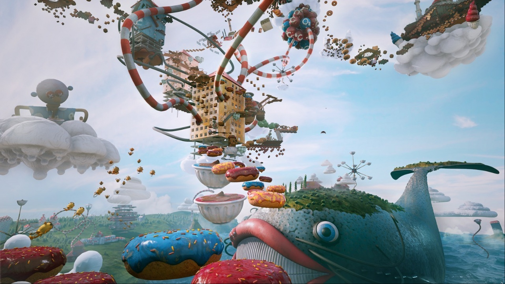 Atomic Heart DLC screenshot showing the surreal Limbo landscape, including donut platforms and giant whales