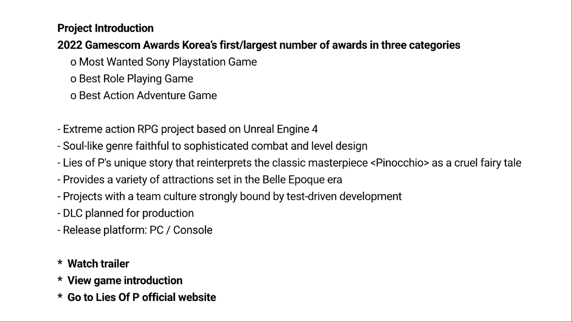 Neowiz Games' job listing detailing the planned Lies of P DLC