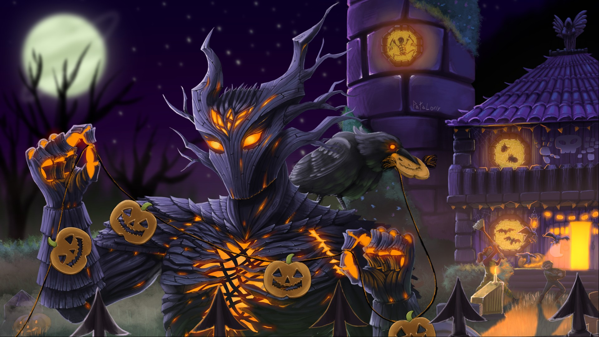 Terraria Halloween-inspired art showing a dark knight-like figure with orange glowing within him