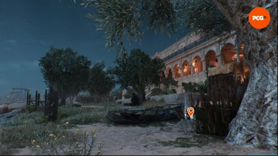 AC Mirage enigmas: a glowing pile of treasure sat next to a beached boat.
