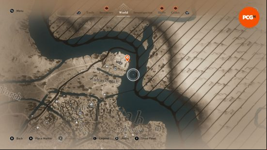 AC Mirage: a map showing the whereabouts of some buried treasure next to a winding river.