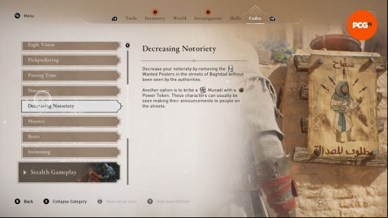A menu screen showing how to decrease notoriety in assassins creed mirage