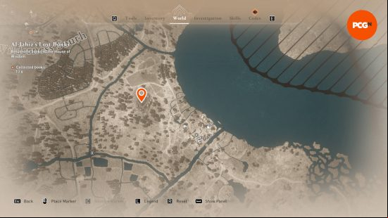 The orange pin shows the location of the AC Mirage Enigma puzzle solution for Solve This Problem Quickly For Me.