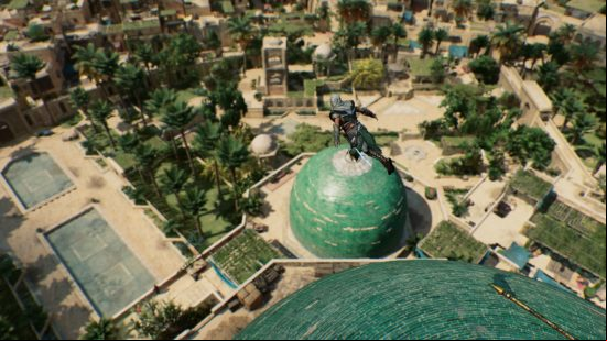 AC Mirage mods: a hooded assassin leaps from a tall tower.