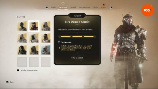 The outfit bonuses for the Fire Demon DLC AC Mirage outfit.