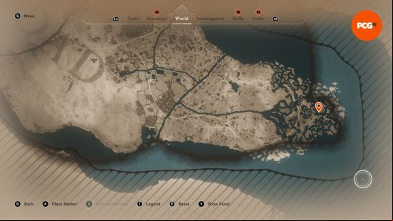 AC Mirage: a map showing the whereabouts of some buried treasure in some marshland.