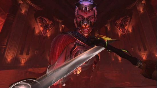 An image of a large deity attacking the first-person player character in Asgar's Wrath 2