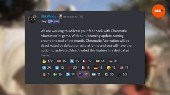 Assassin's Creed Mirage chromatic aberration setting: an image of the AC Discord talking about the chromatic aberration setting