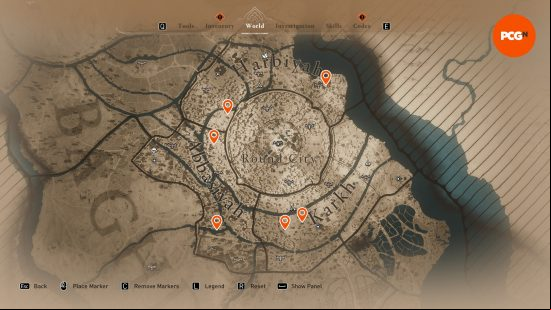 A map of Baghdad including the locations of all the AC Mirage Mysterious Shards in its various districts,