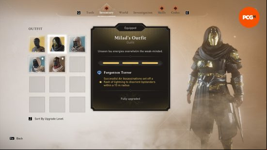 Milad's Outfit as it appears in the inventory after claiming it as a reward using AC Mirage Mysterious Shards.
