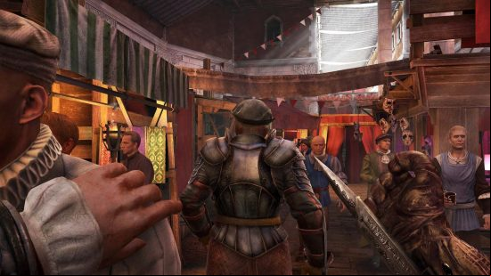 An image of Ezio making his way through a crowd with his assassin's blade drawn